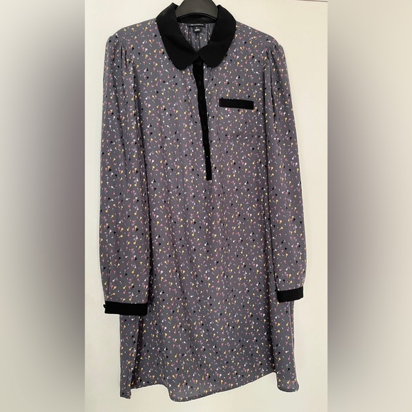 I Heart Ronson Confetti Tulip Print Long Sleeve Black Collar Grey Dress L - Picture 11 of 11